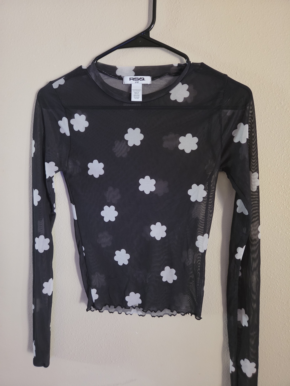 RSQ Black Sheer Mesh Long-Sleeve Top with White Floral Print